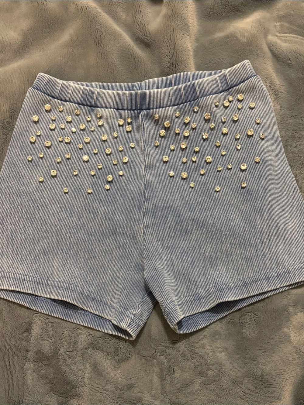 Zara Women's Rhinestone-Embellished Light Blue Ribbed Shorts perfect for summer